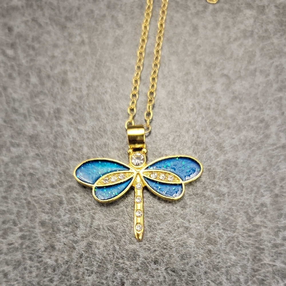 Gold and Blue Dragonfly Pendant Necklace
